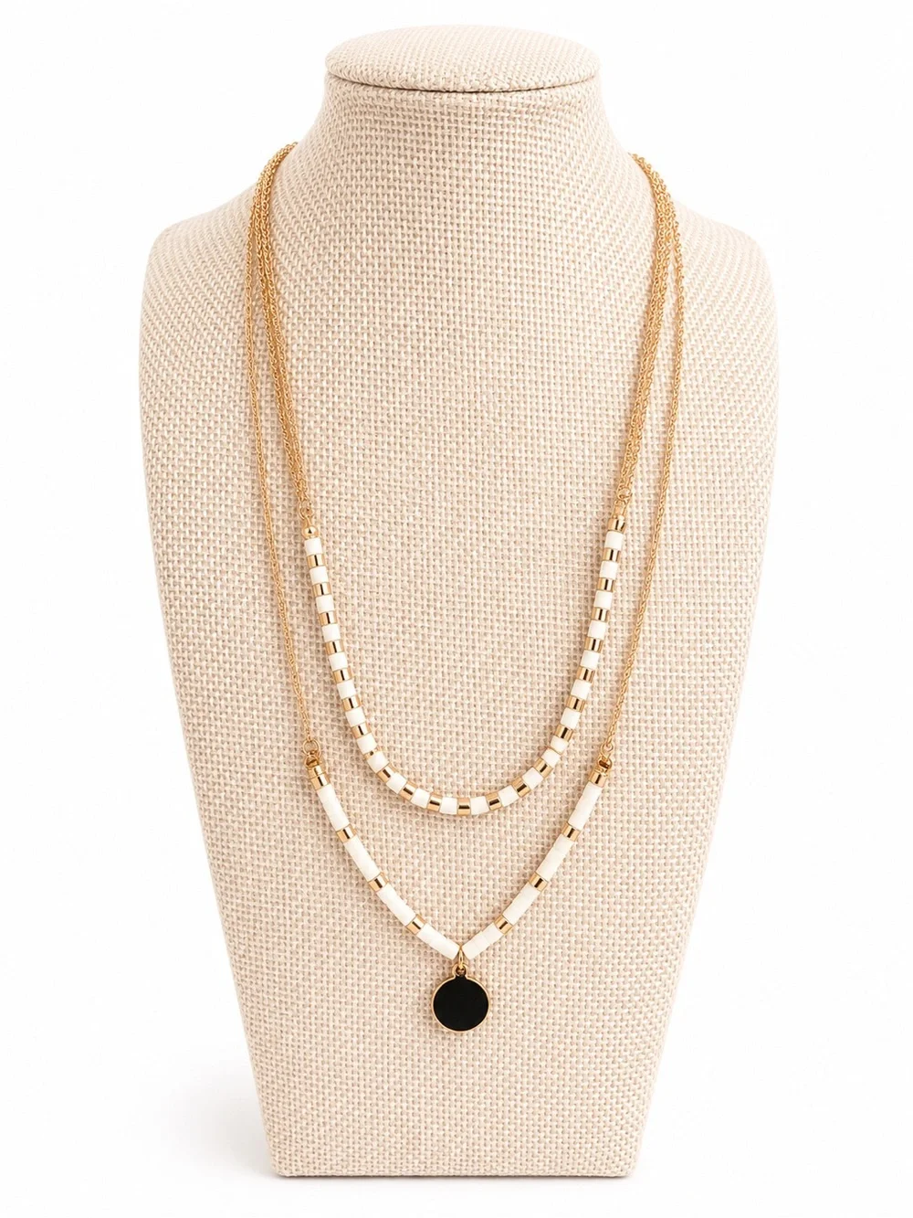 Gold-Tone Layered Necklace with White Beads and Black Pendant